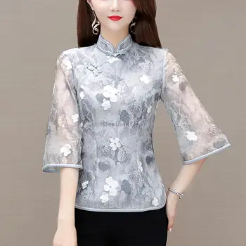2023 kitajski retro slogu disk gumb očesa vrh žensk poletje novo izboljšano pol rokav stojalo ovratnik elegantno cheongsam bluzo s255