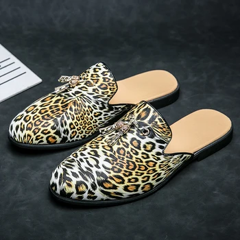 Mens Usnja Priložnostne Čevlji Na Prostem Copate Visoka Kakovost Modnih Mul Pol Čevlji Loaferrs Stanovanj Leopard Tiskanja Plus Velikost 38-46