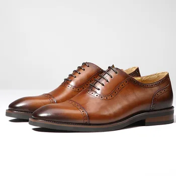 Moški letnik usnje rjava Oxford Brogue Derby čevlji Poslovnih delo čevlji 0