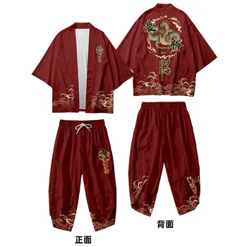 Obleko, dvodelno, Dragon Tiskanja Japonski Jopico Ženske Moški Cosplay Yukata Oblačila Harajuku Samurai Kimono + Hlače Določa