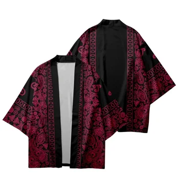 Rdeča Indijska Cvet Tiskanja Tradicionalnih Kimono Moški Ženske Cosplay Jopico Yukata Majica Japonski Samuraj Haori Ovrsize Jakna