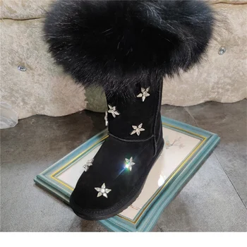 Črna fox lase, čevlji Ročno izdelane rhindiamonds pozimi plus runo topli škornji Krzna, iz enega kosa škornji ženske ' s plus velikost 35-44 let 0