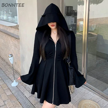 Črne Obleke, Ženske Hooded Gothic High Street Preproste Ulične Y2k Obleke Kul Dekle, Namenjen Estetski Mini Korejski Moda