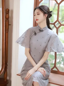Ženske Elegantne Kitajski Slog Kratek Rokav Qipao Izboljšano Siva Tiskanja Cheongsam Letnik A-Line Oblačenja