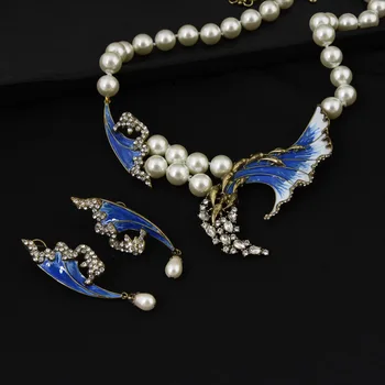Modri val spusti glaze imitacije biserna ogrlica, uhani, Modni letnik temperament set 1