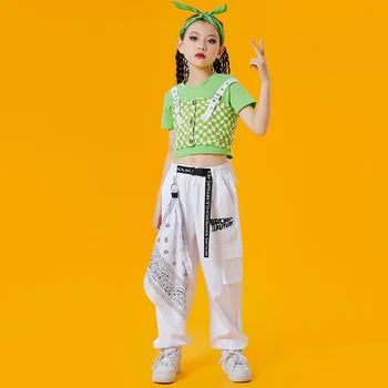 Moda Zelen Telovnik Tovora Hlače Kpop Obleke Za Dekleta Jazz Plesne Kostume Otroke Dvorana Hip Hop Ples Rave Oblačila DQS12573 2
