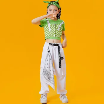 Moda Zelen Telovnik Tovora Hlače Kpop Obleke Za Dekleta Jazz Plesne Kostume Otroke Dvorana Hip Hop Ples Rave Oblačila DQS12573 3